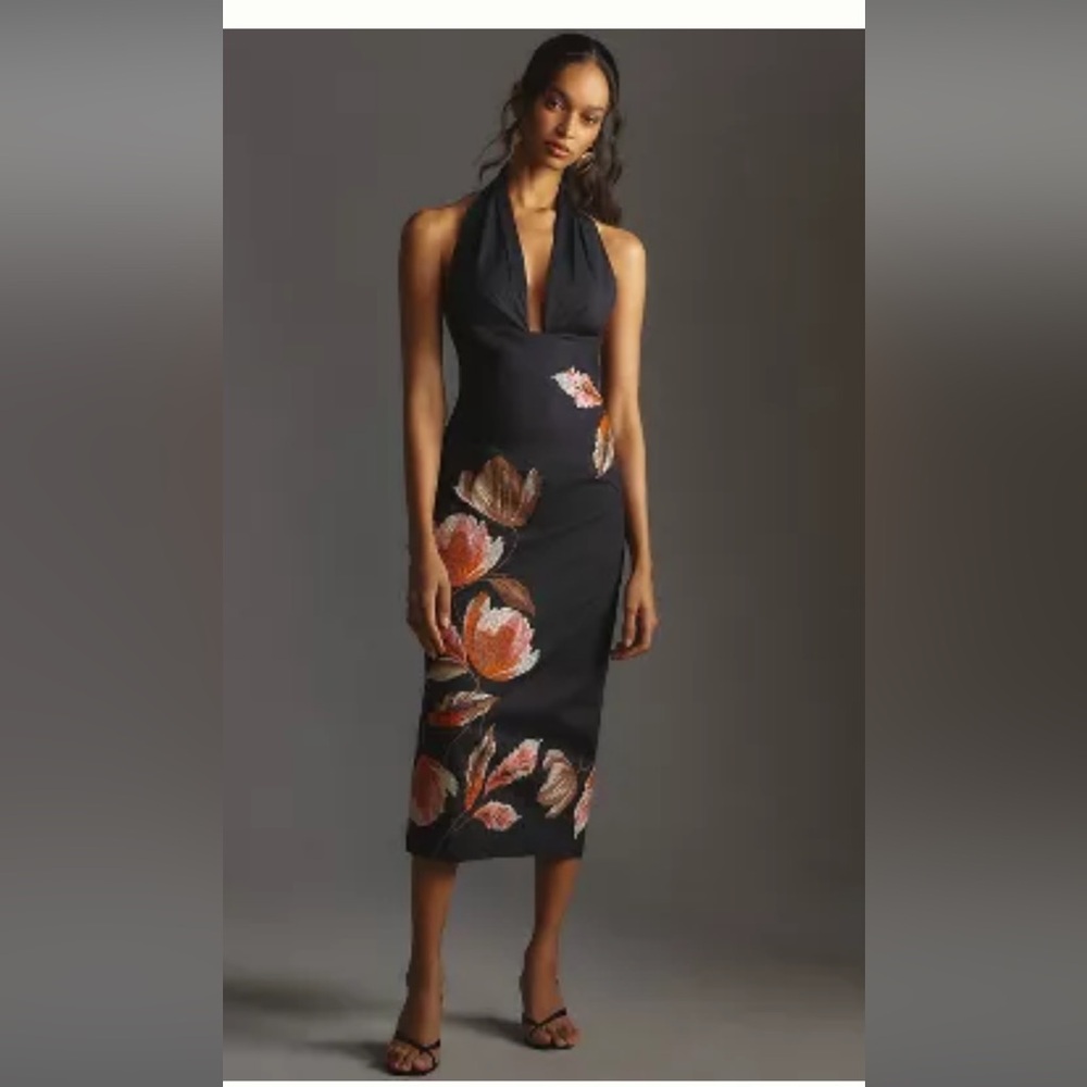 Anthropologie Embroidered Halter Midi Dress. Black. US women’s size 6. NWT.
